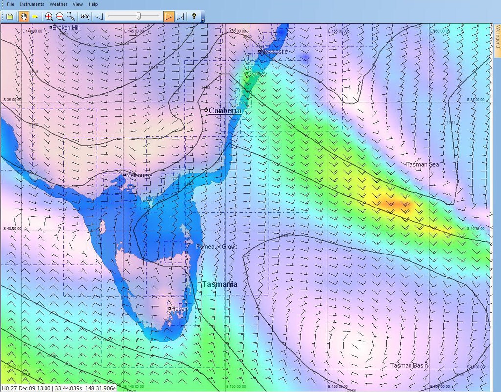 PredictWind Sydney to Hobart dec 27th 1300hrs showing wind shift as high moves East - Sydney to Hobart © SW